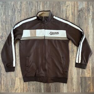 *READ Ecko Unltd Spellout Full Zip Track Jacket Mens M Brown Tan Stripe Y2K